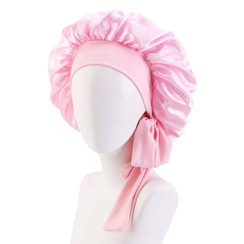 New Women Satin Solid Sleeping Hat with Stretchy Tie Band Elastic Night Shower Cap Adjustable Hair Head Cover Bonnet Turban