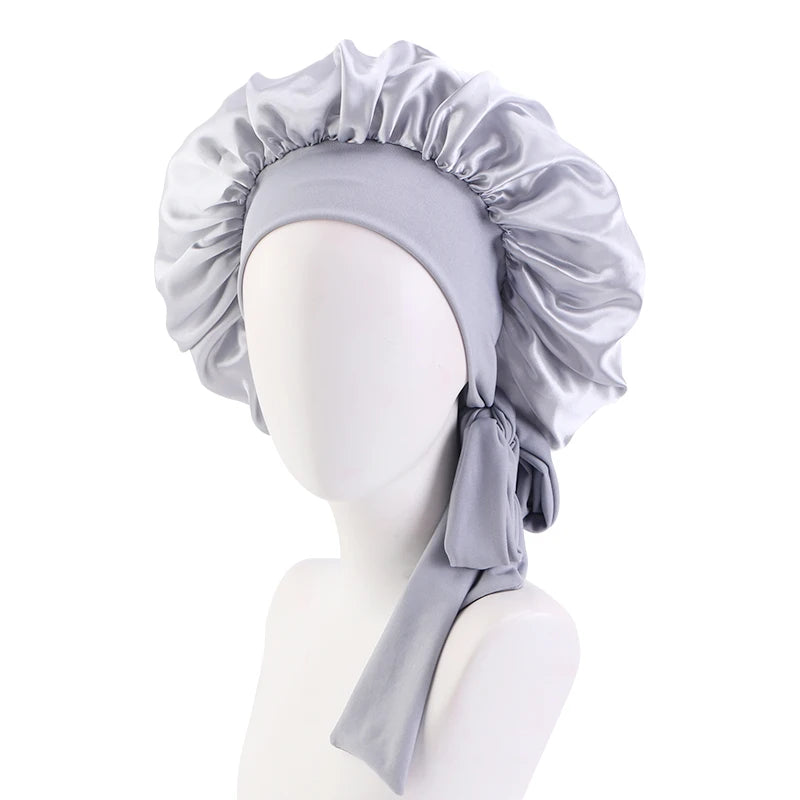 New Women Satin Solid Sleeping Hat with Stretchy Tie Band Elastic Night Shower Cap Adjustable Hair Head Cover Bonnet Turban