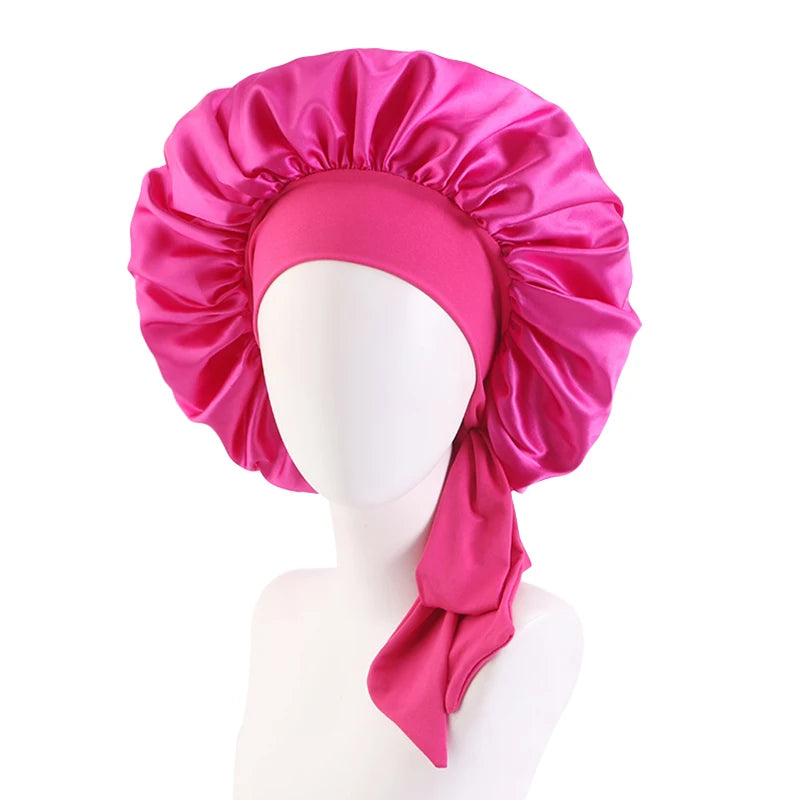 New Women Satin Solid Sleeping Hat with Stretchy Tie Band Elastic Night Shower Cap Adjustable Hair Head Cover Bonnet Turban