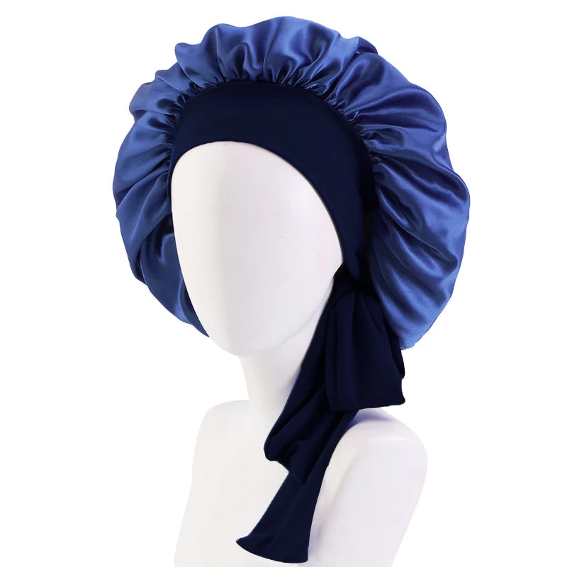 New Women Satin Solid Sleeping Hat with Stretchy Tie Band Elastic Night Shower Cap Adjustable Hair Head Cover Bonnet Turban