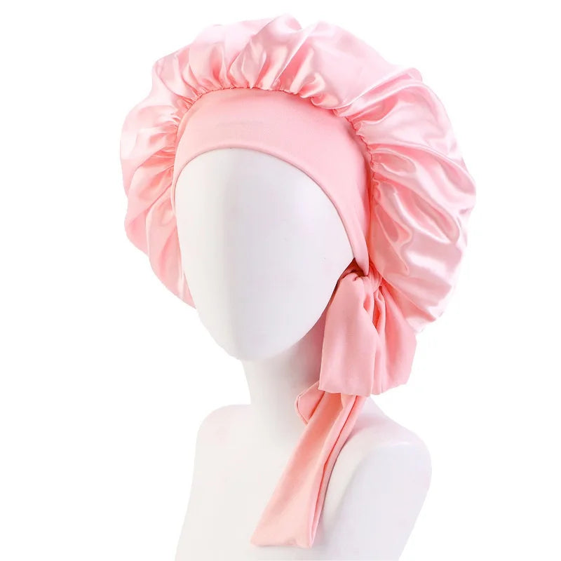 New Women Satin Solid Sleeping Hat with Stretchy Tie Band Elastic Night Shower Cap Adjustable Hair Head Cover Bonnet Turban