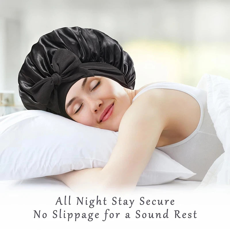 New Women Satin Solid Sleeping Hat with Stretchy Tie Band Elastic Night Shower Cap Adjustable Hair Head Cover Bonnet Turban