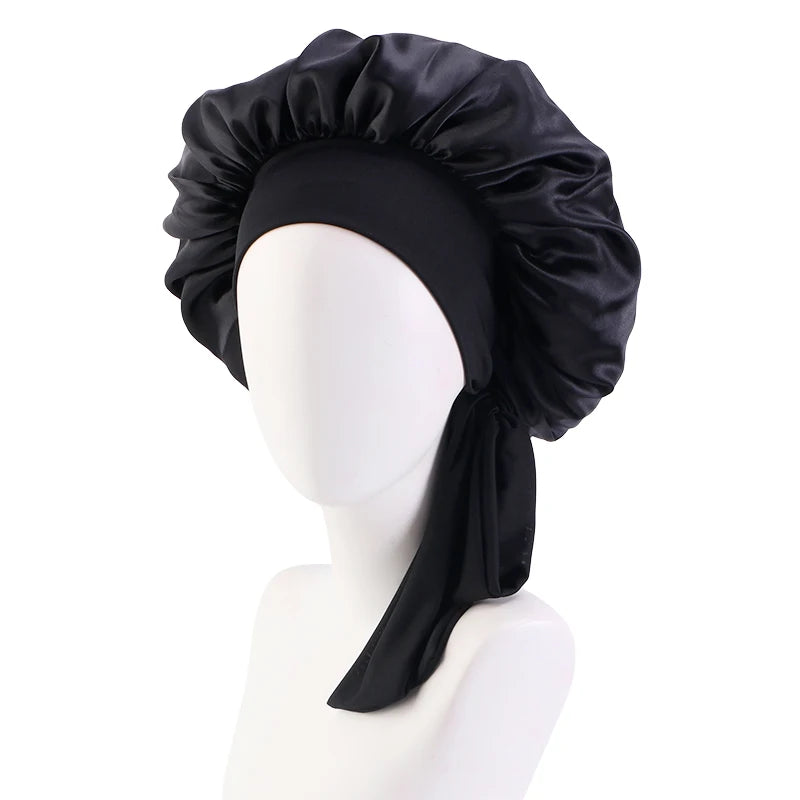 New Women Satin Solid Sleeping Hat with Stretchy Tie Band Elastic Night Shower Cap Adjustable Hair Head Cover Bonnet Turban