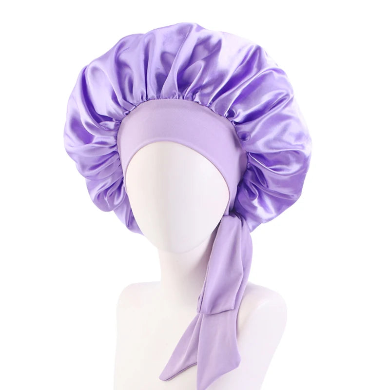 New Women Satin Solid Sleeping Hat with Stretchy Tie Band Elastic Night Shower Cap Adjustable Hair Head Cover Bonnet Turban