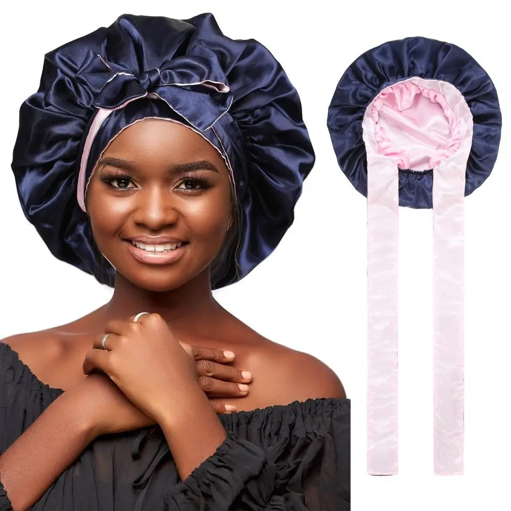 Double-Layer Satin Sleep Cap Soft Stretchy Tie Band Adjustable Silk Hair Wrap Curly Hair Elastic Silky Satin Bonnet Sleeping